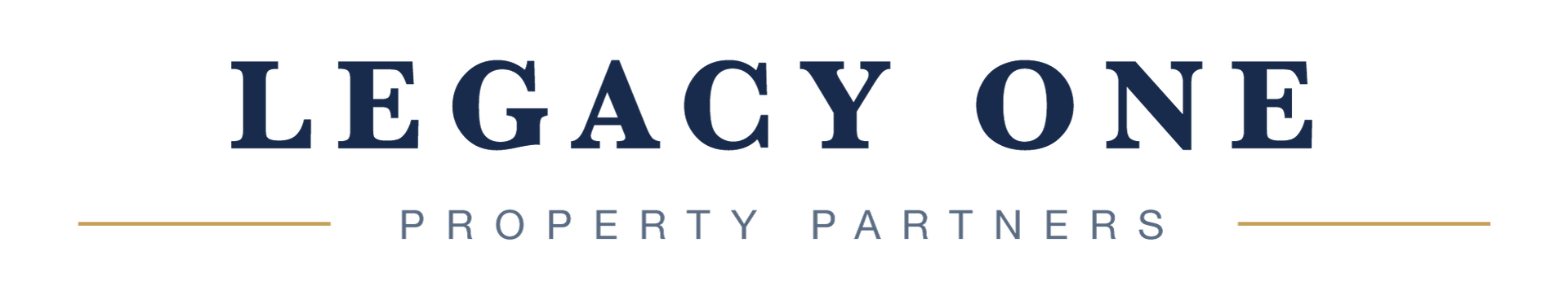 Legacy One Property Partners logo in navy blue with gold lines on a white background