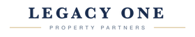 Legacy One Property Partners logo in navy blue with gold lines on a white background