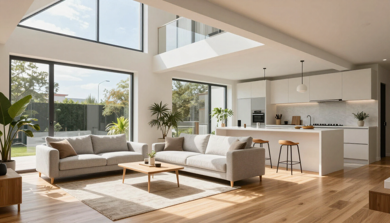 Bright modern living room with large windows, two beige sofas, wood floors, and an open kitchen with island stools.