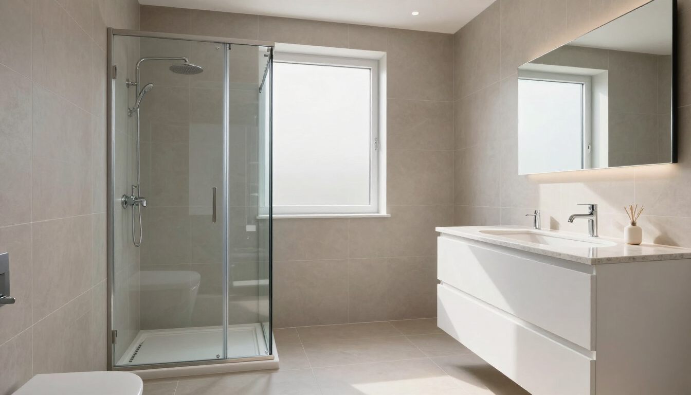 Modern bathroom with glass shower, window, and white vanity in a bright beige interior