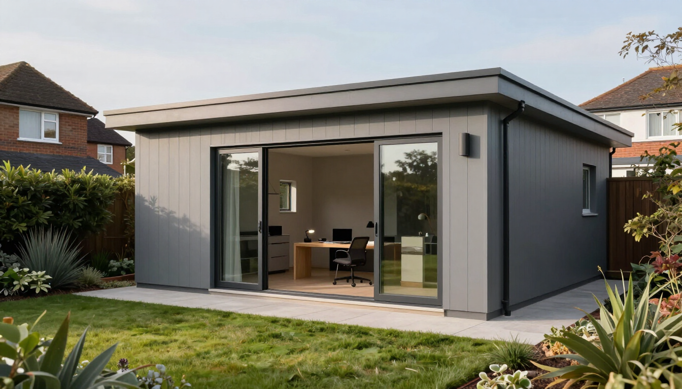 Modern gray garden room with large sliding glass doors in a suburban backyard