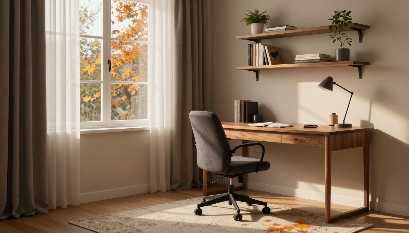 Cozy home office with wooden desk, gray chair, wall shelves, and sunlight through a window