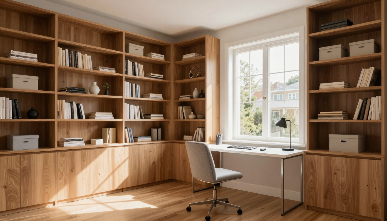Built-in wooden bookshelves framing a bright home office with a desk and chair by the window.