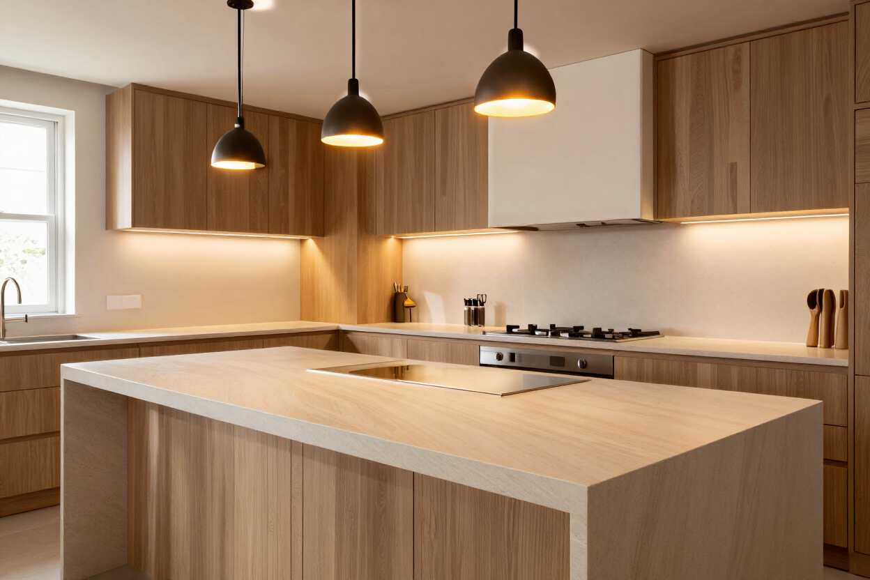 Modern wood kitchen with a central island, pendant lights, and built-in appliances