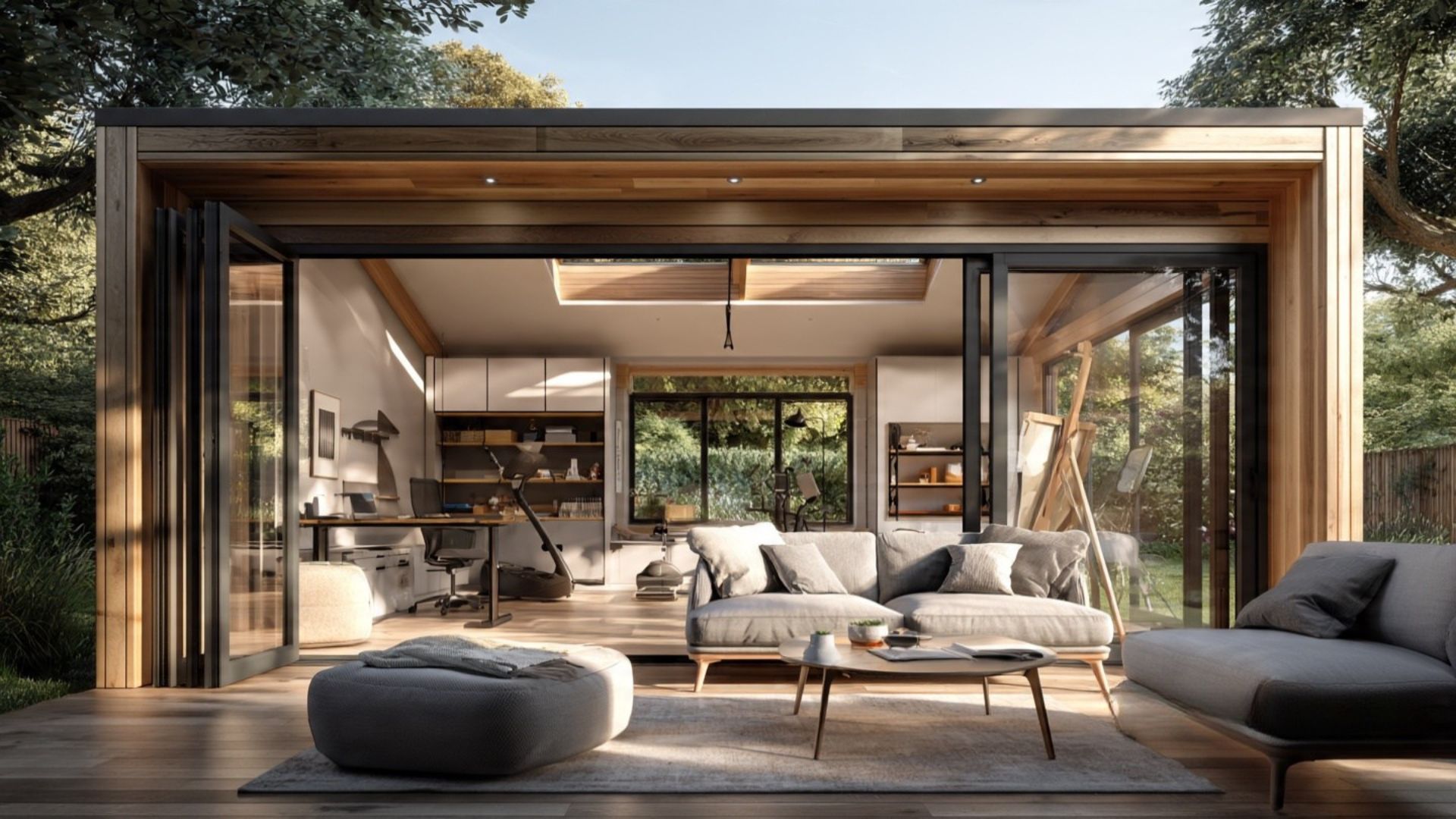 Modern glass-walled living room with neutral sofas, lounge chair, and warm wood trim opening to a patio.