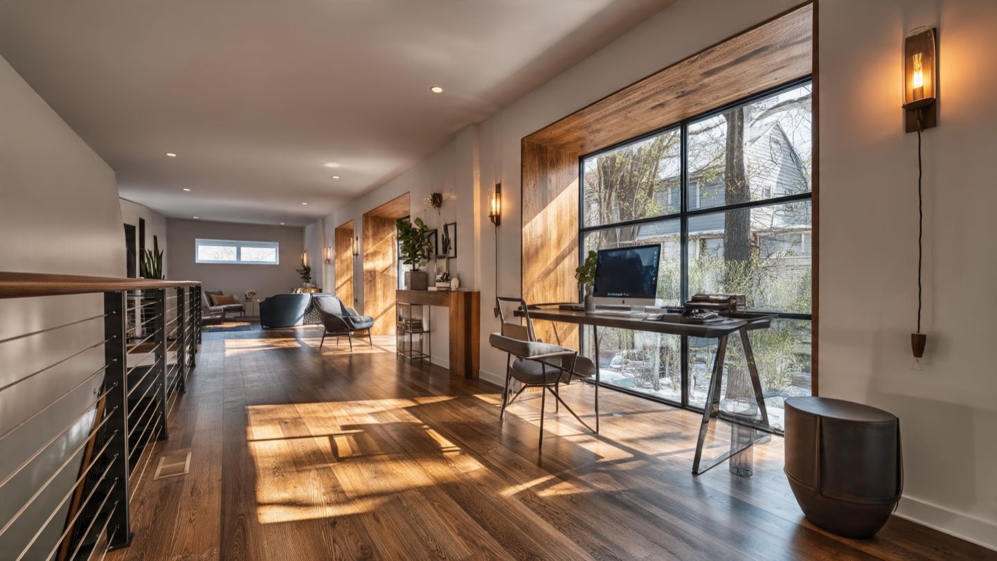 Sunlit modern loft hallway with wood floors, glass wall, railing, and potted plants