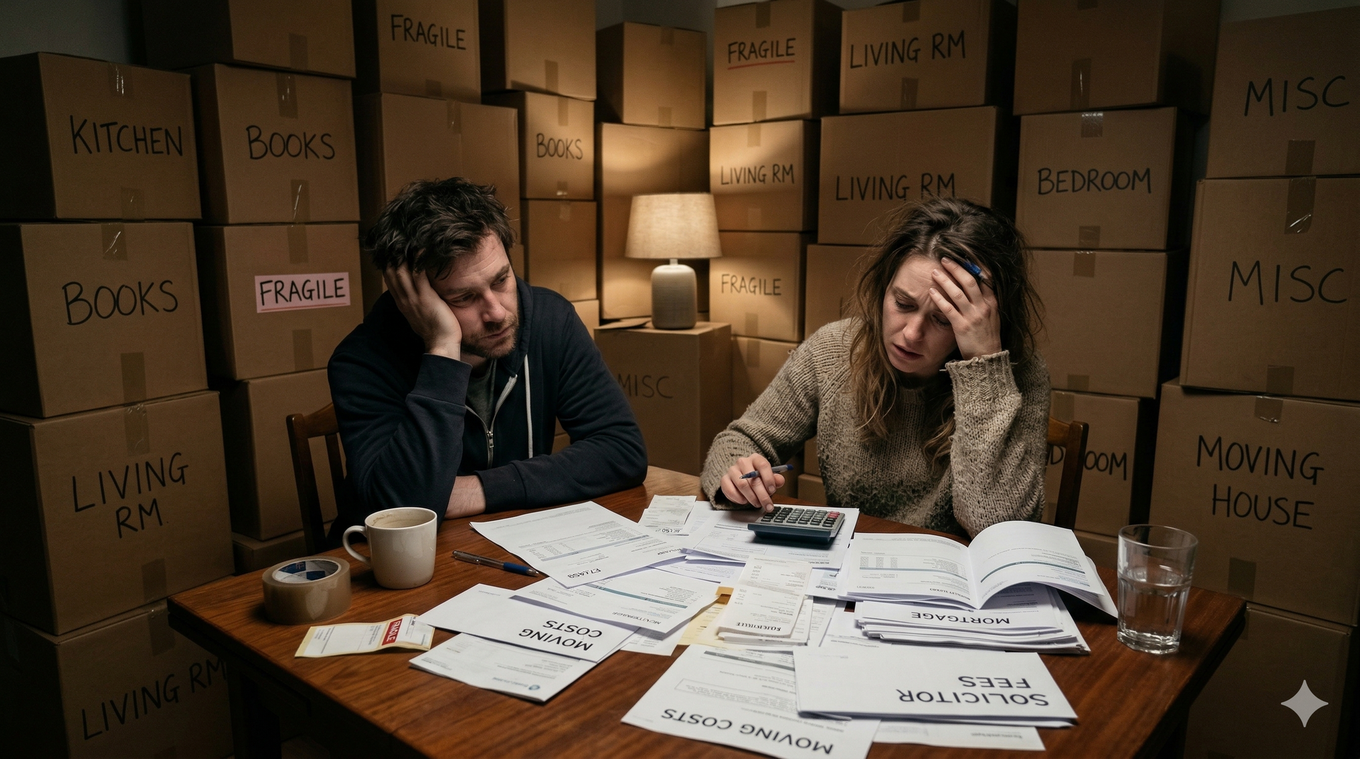 A couple sits at a wooden table covered in paperwork, looking stressed amidst a room stacked high with moving boxes.