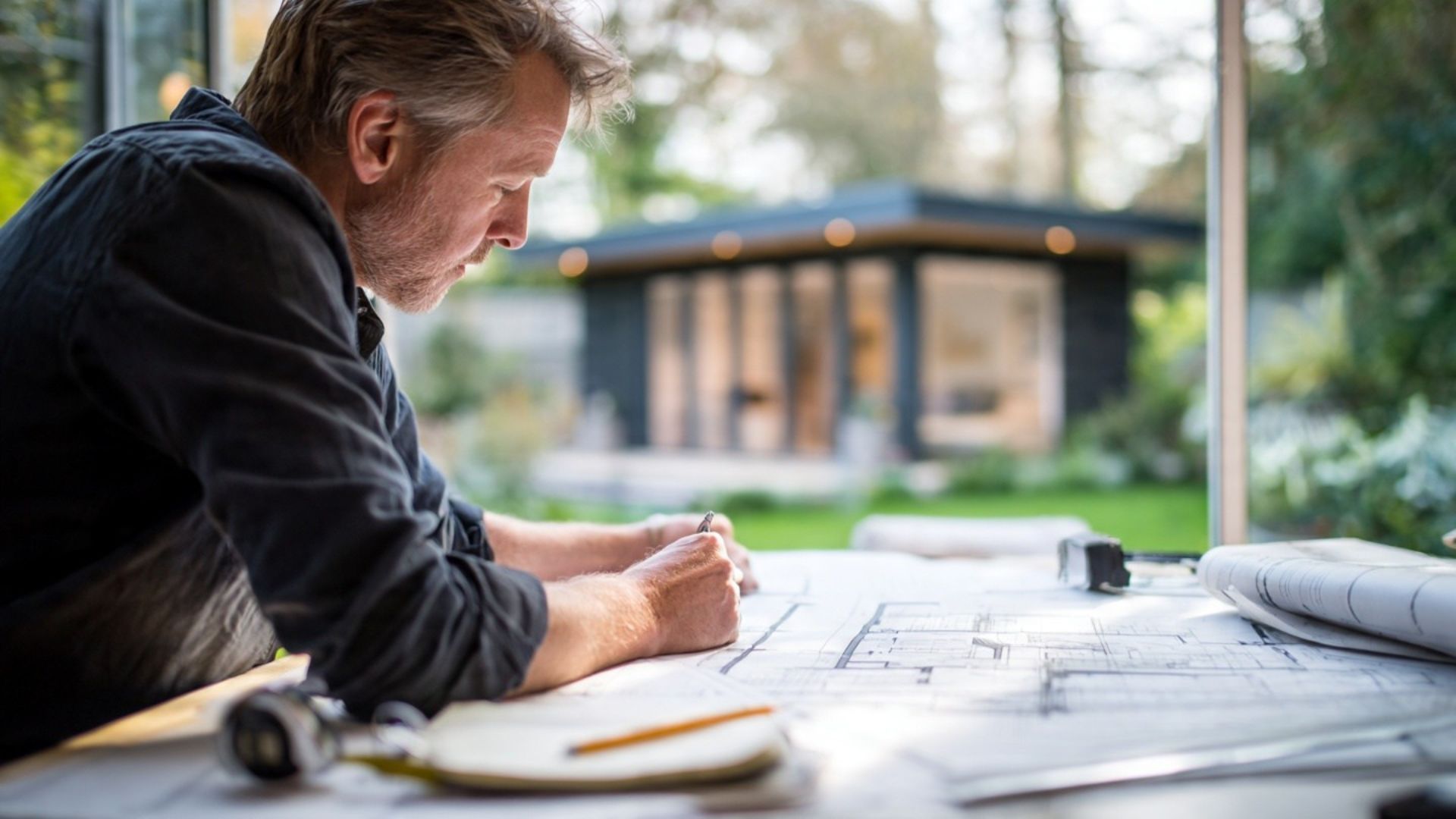 Person sketching architectural plans outdoors beside a modern house model