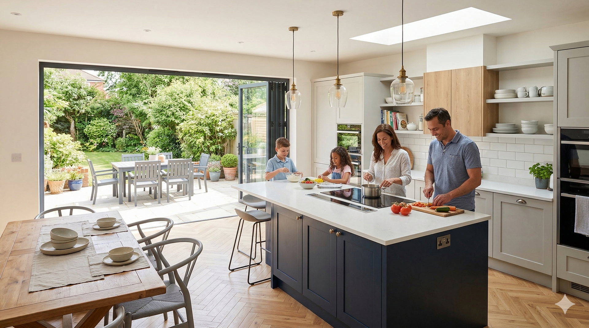 A family prepares a meal in a bright, modern kitchen with a large island, leading out to a patio through glass doors.
