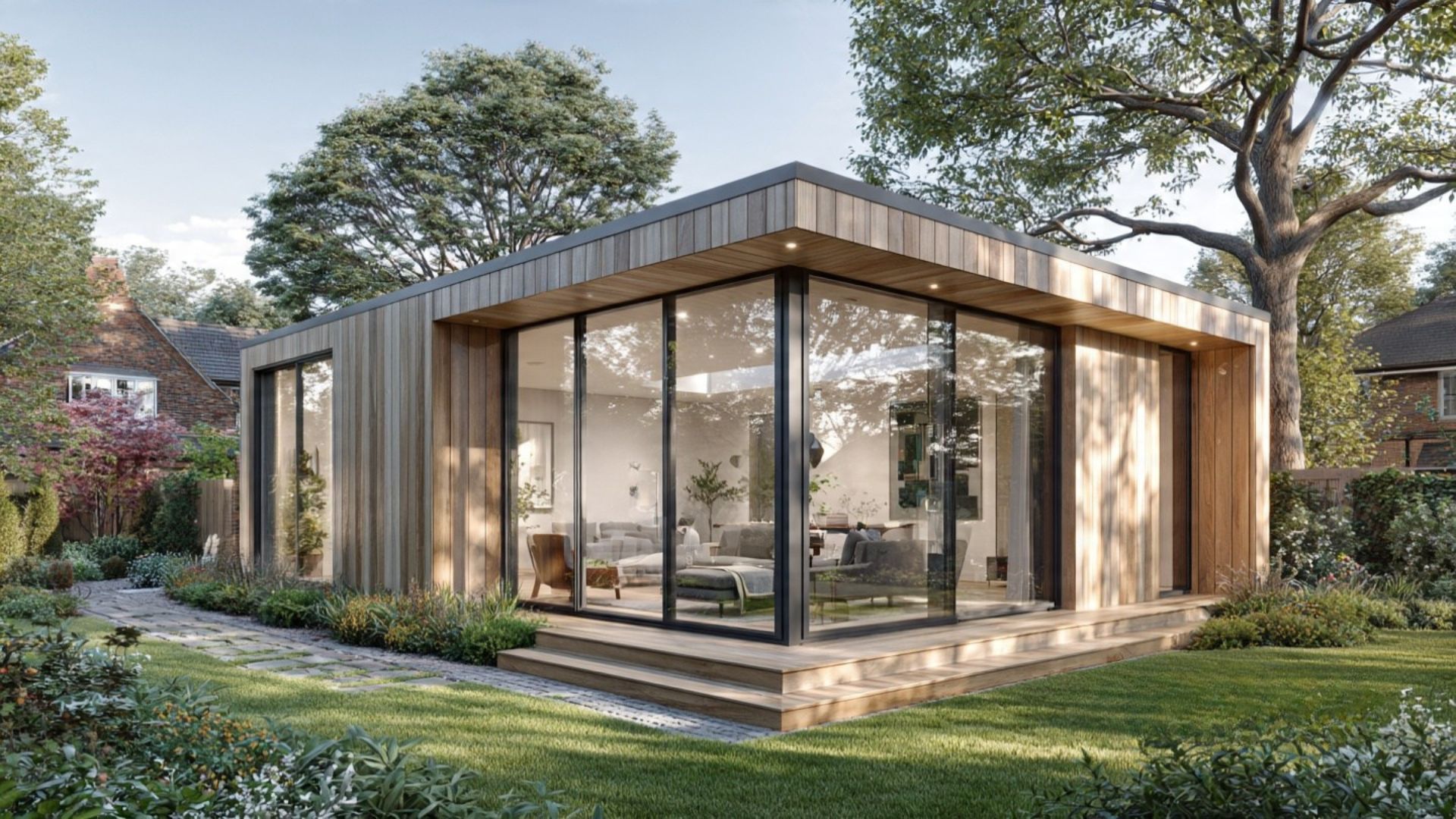 Modern glass-and-wood house in a leafy garden, with large windows and a flat roof