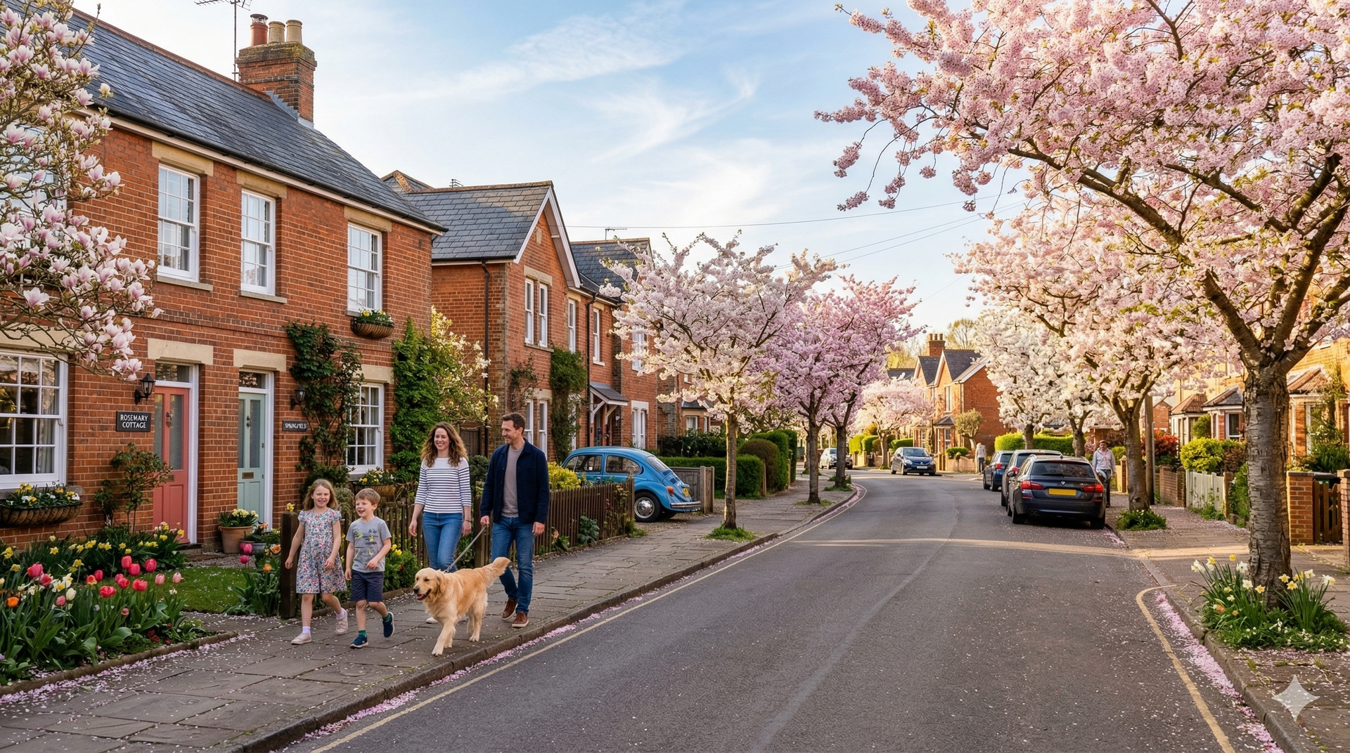 Family walks a dog on a street lined with red brick homes and blooming cherry trees in spring.