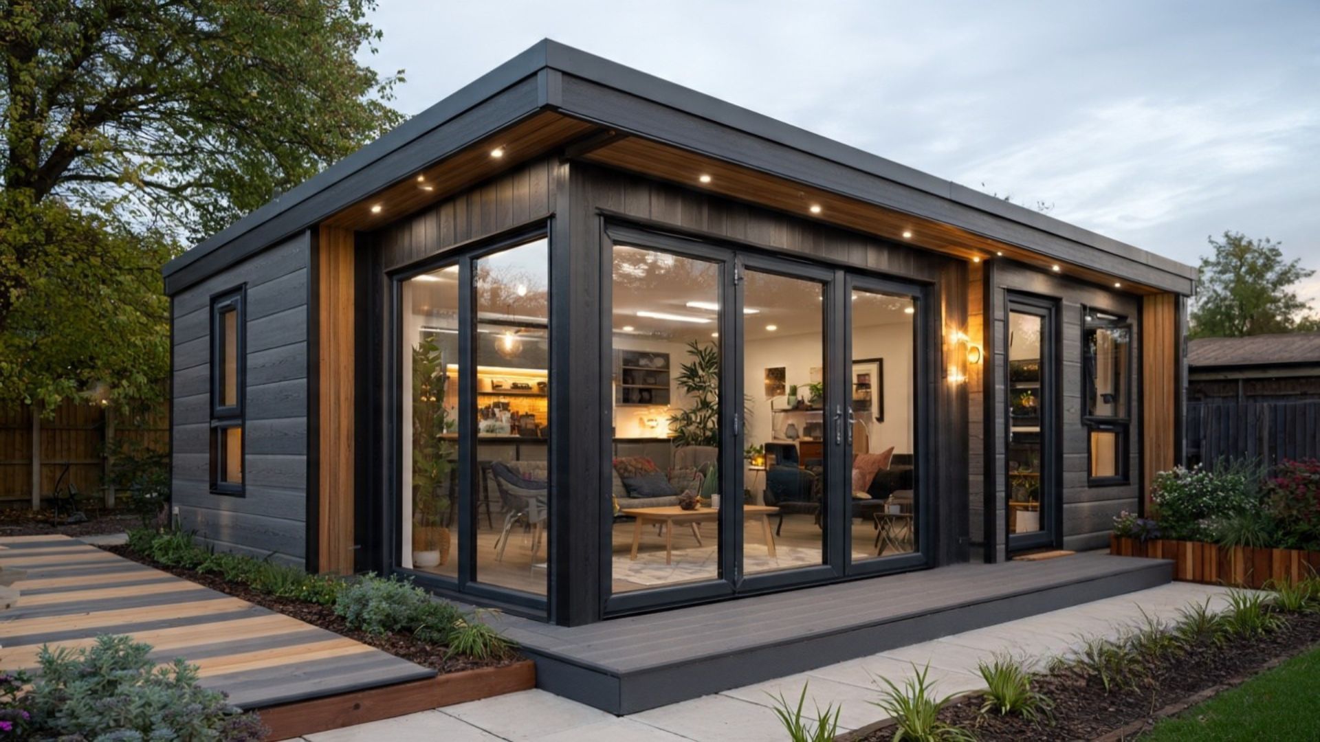 Modern small home with dark exterior and large glass windows, shown at dusk with lit interior.