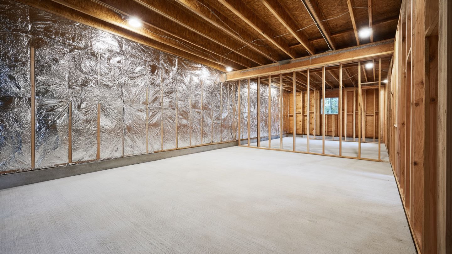 Unfinished basement with exposed insulation, wood framing, and concrete floor under warm ceiling lights