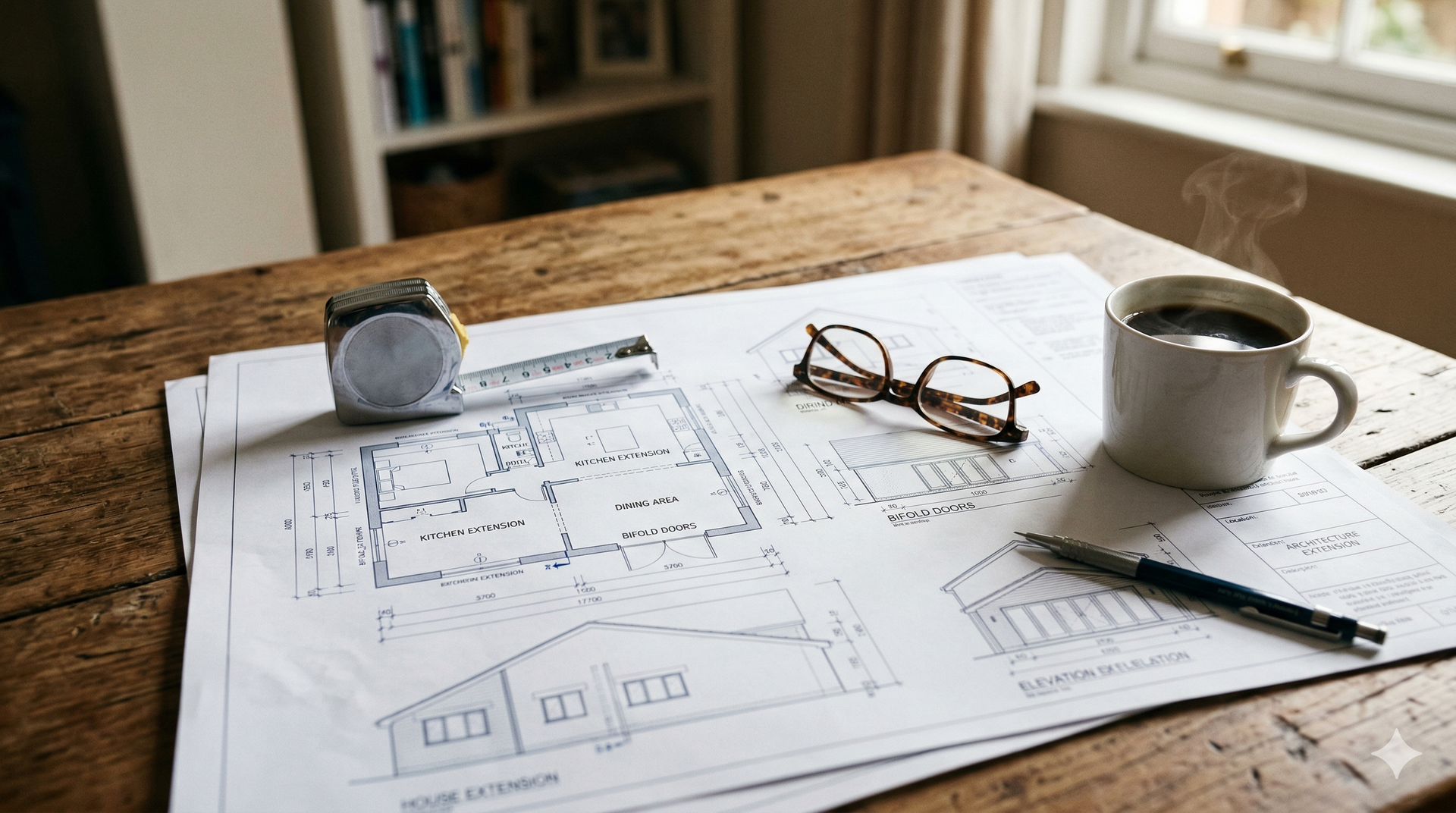 Architectural blueprints, measuring tape, glasses, a pen, and a cup of coffee on a rustic wooden table.