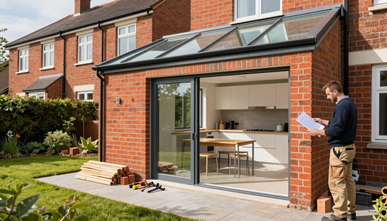 Open patio doors on a brick house reveal a modern kitchen; a man stands outside holding papers.