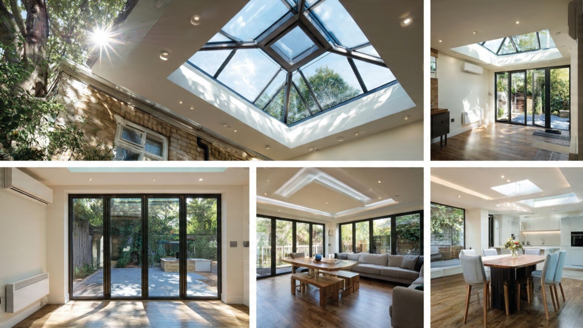 Bright sunlit home interiors with skylights, glass doors, and open-plan living spaces