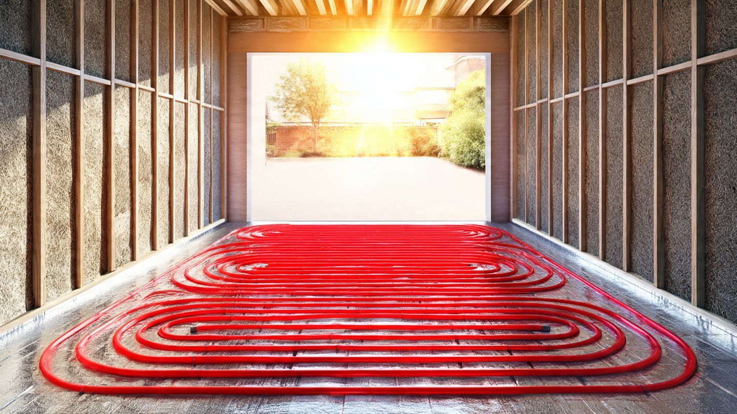 Red coiled hose or pipe laid in a metal-walled corridor, lit by bright sunlight at the far end