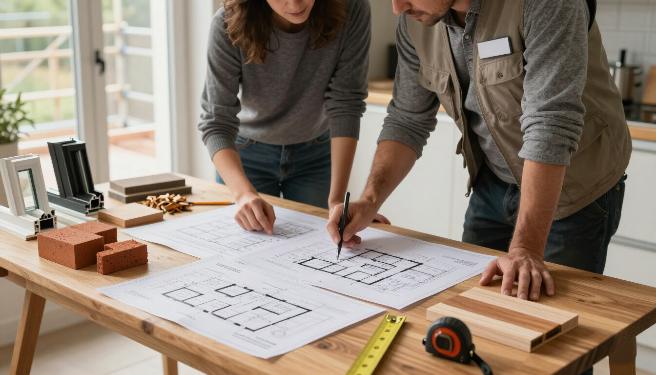 Two people leaning over house blueprints on a wooden table with tools and a tape measure in a bright room