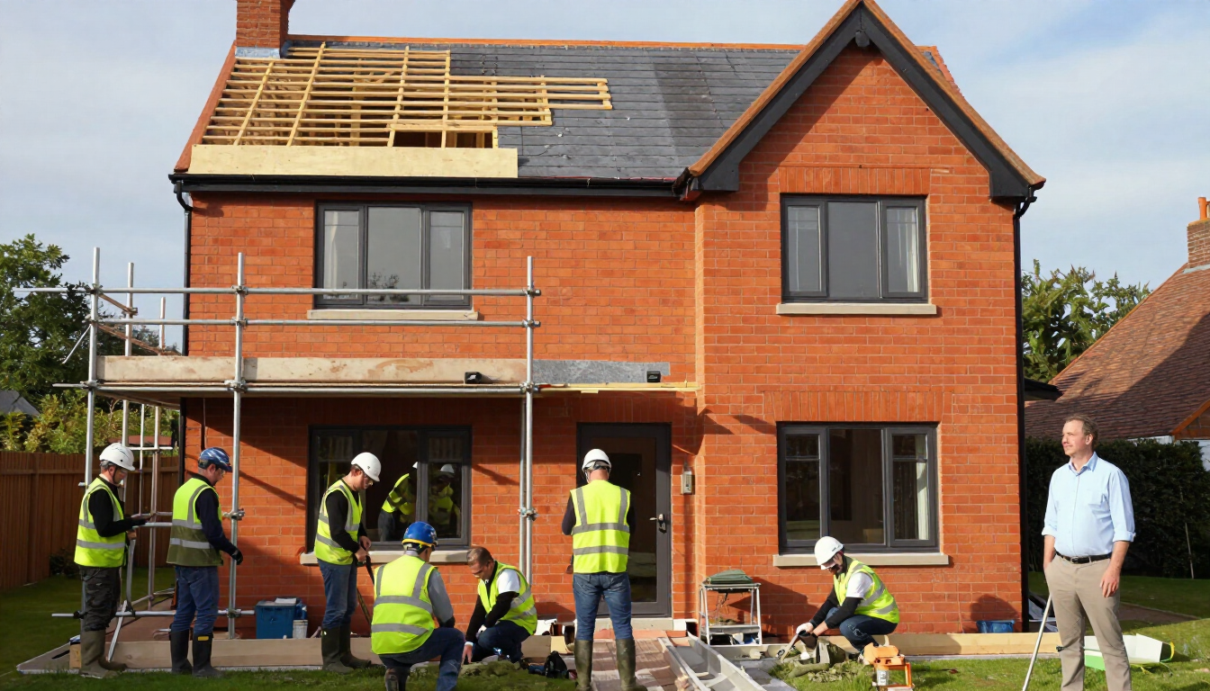Workers in hi-vis gear repairing a red-brick house roof and exterior.