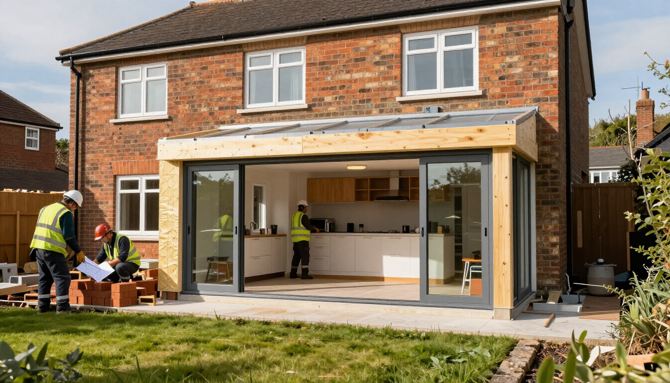 Brick house with open rear extension; workers install a large folding glass door to the patio.