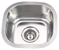 Stainless steel kitchen sink with a central drain, viewed from above