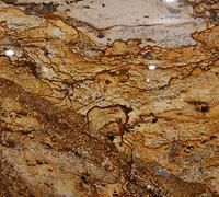 Brown and tan marbled stone surface with gold veining and natural patterns