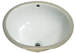 White porcelain oval sink with drain and faucet holes, viewed from above