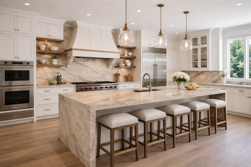 Bright modern kitchen with marble island, white cabinets, stools, and stainless steel appliances