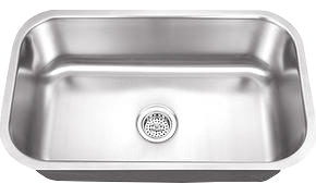 Stainless steel kitchen sink with a single drain centered at the bottom