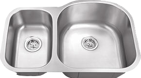 Double-basin stainless steel kitchen sink with two drain strainers