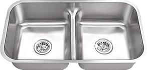 Stainless steel double-basin kitchen sink with two drains and rounded corners