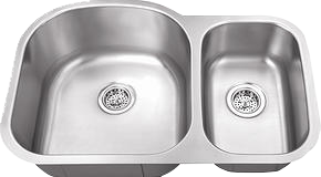 Double-basin stainless steel kitchen sink with two basins and drains