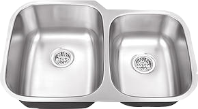 Stainless steel double-basin kitchen sink with rounded corners and drain strainers