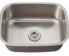 Stainless steel kitchen sink with rounded corners and a drain in the center