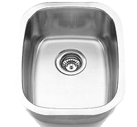 Stainless steel kitchen sink with a central drain viewed from above