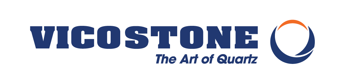 VICOSTONE logo with blue text and orange-and-gray circular emblem, tagline “The Art of Quartz” underneath