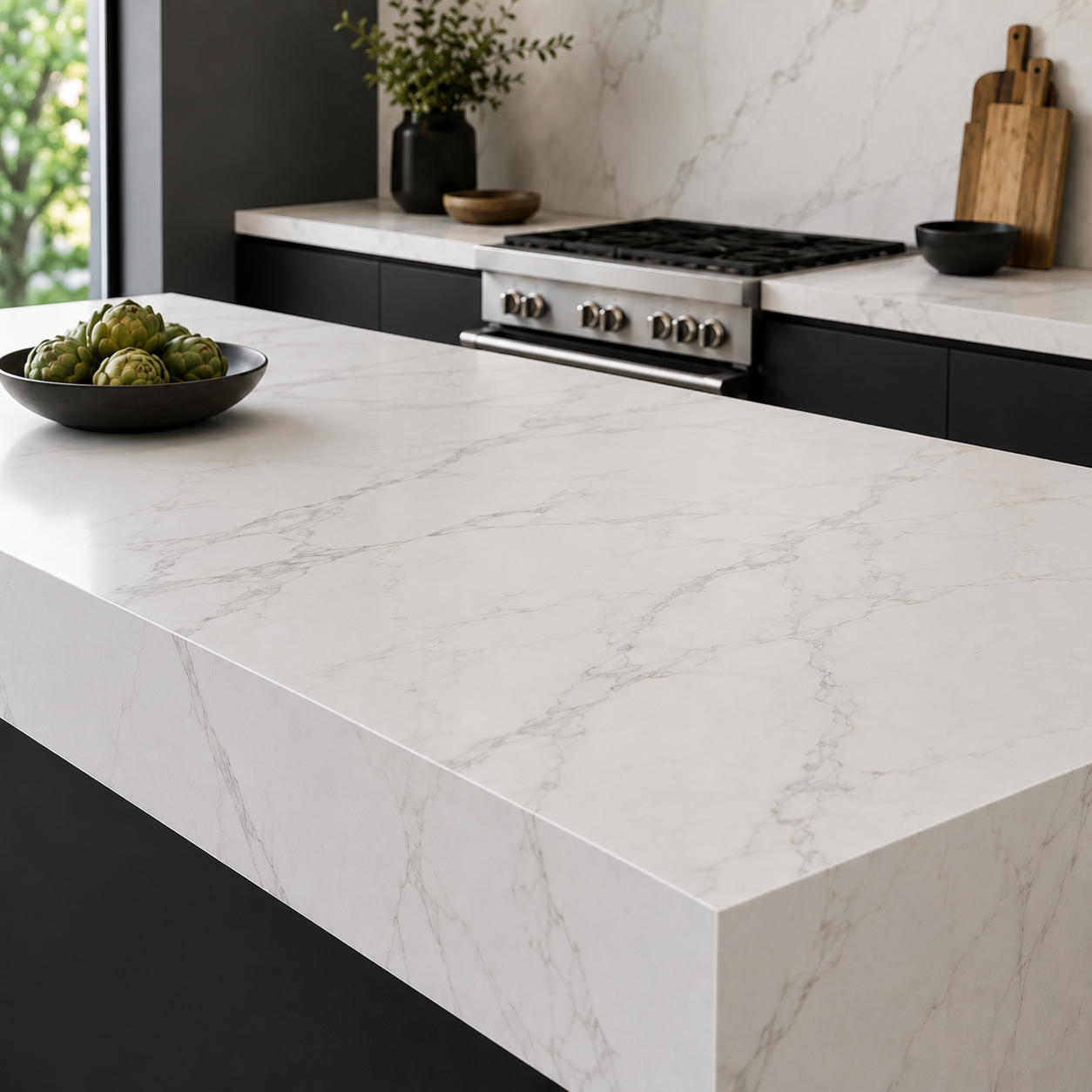 Modern kitchen with white marble countertop, black cabinets, and stovetop against a marble backsplash