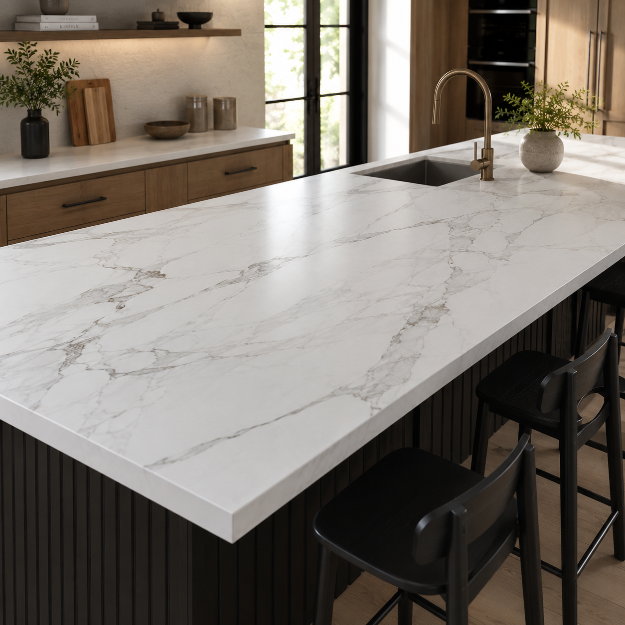 Modern kitchen with a large white marble island, dark stools, and brass faucet nearby
