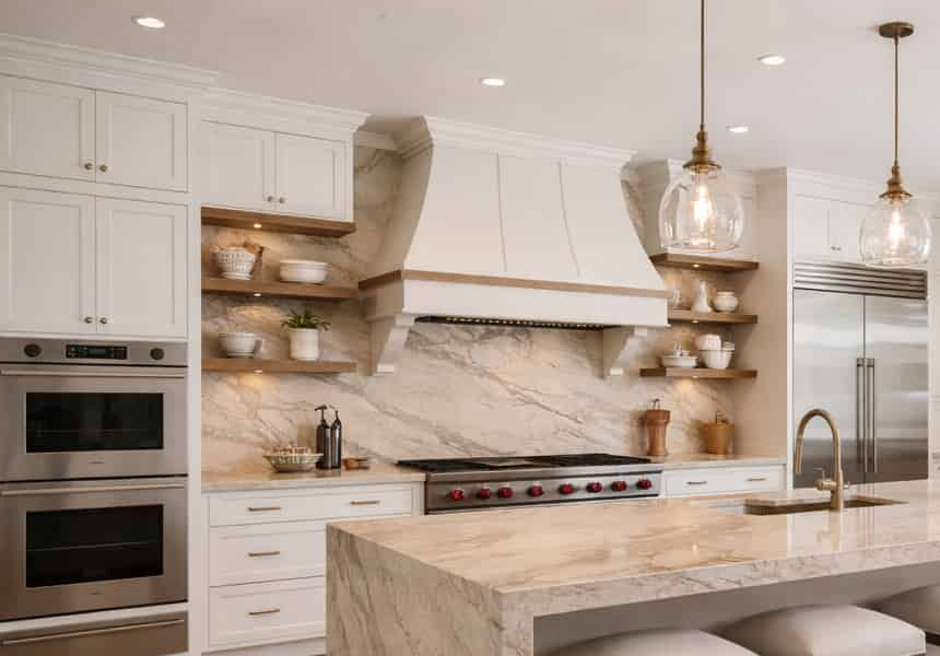 Modern white kitchen with marble island, stainless steel appliances, and wood shelving under pendant lights