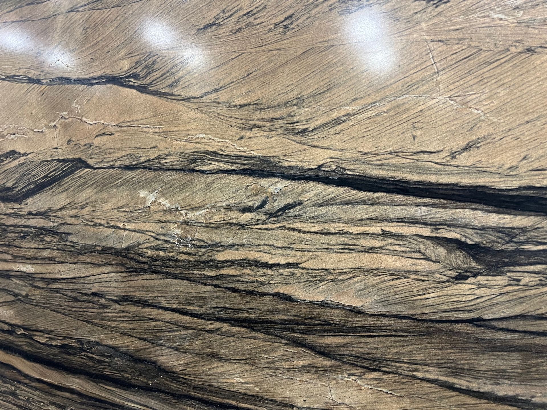 Layered beige and dark rock formations with striations under bright light