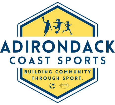 Adirondack Coast Sports logo: blue-and-yellow hexagon with people playing and tagline “Building community through sport.”