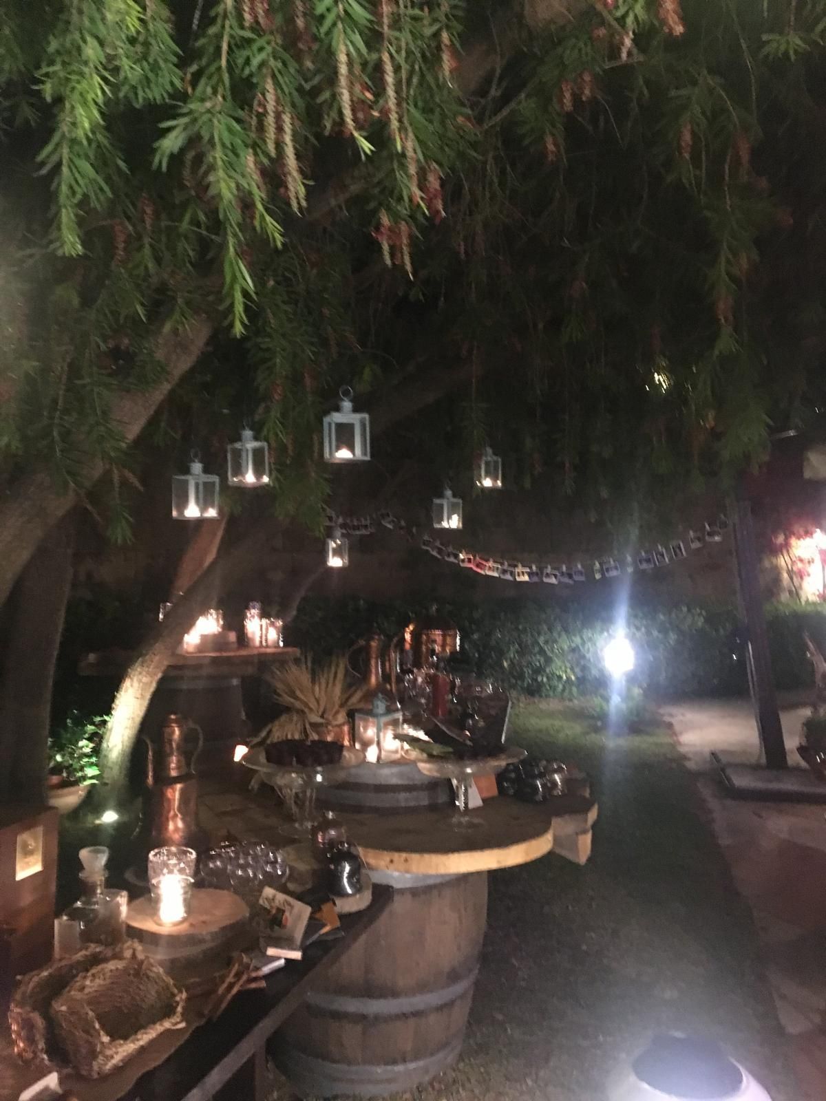 Evento all'aperto di notte con lanterne appese a un albero, un tavolo da buffet e luci a ghirlanda.