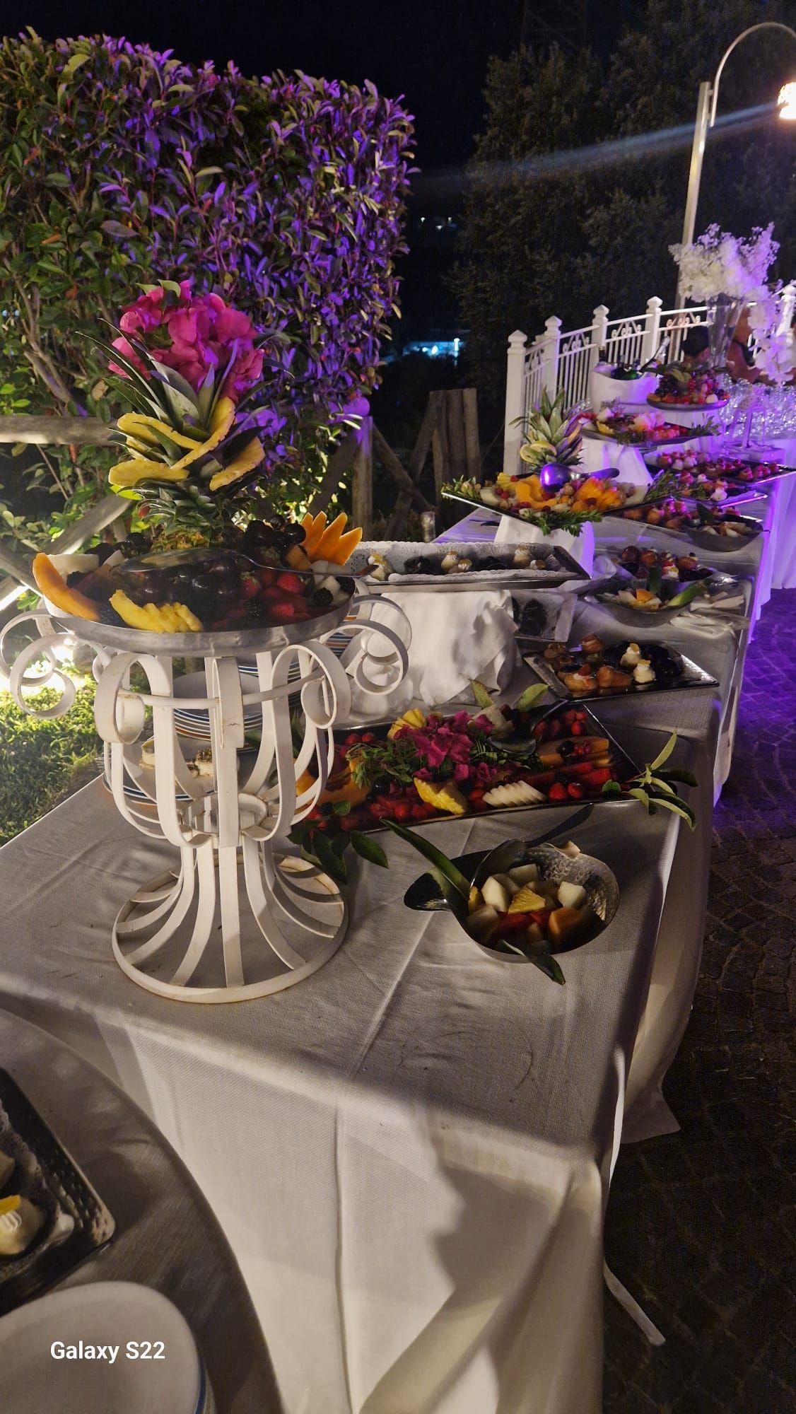 Tavolo da buffet con frutta e composizioni floreali, allestito all'aperto di sera.