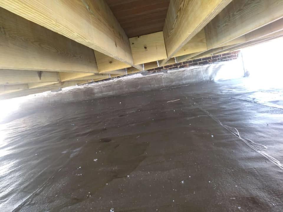 Under a concrete bridge, showing a low view of the underside and dark pavement below