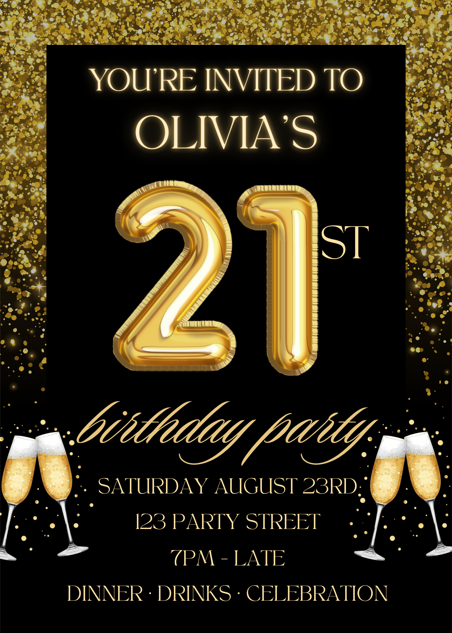 Custom black and gold 21st birthday digital invitation design