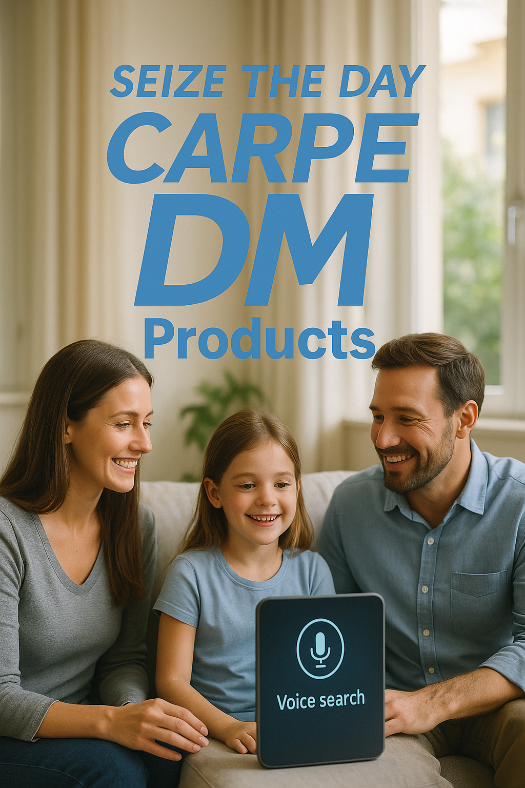 Family using a tablet with voice search. Text says “Seize the Day Carpe DM Products.” They are smiling.