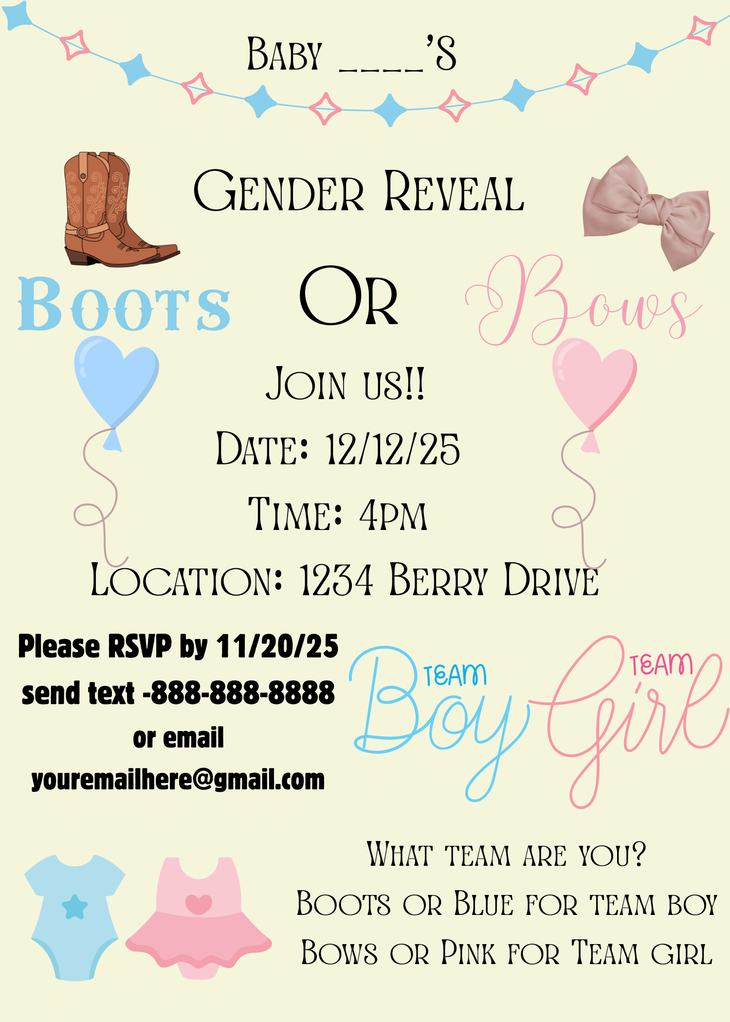 Custom boots or bows gender reveal digital invitation design