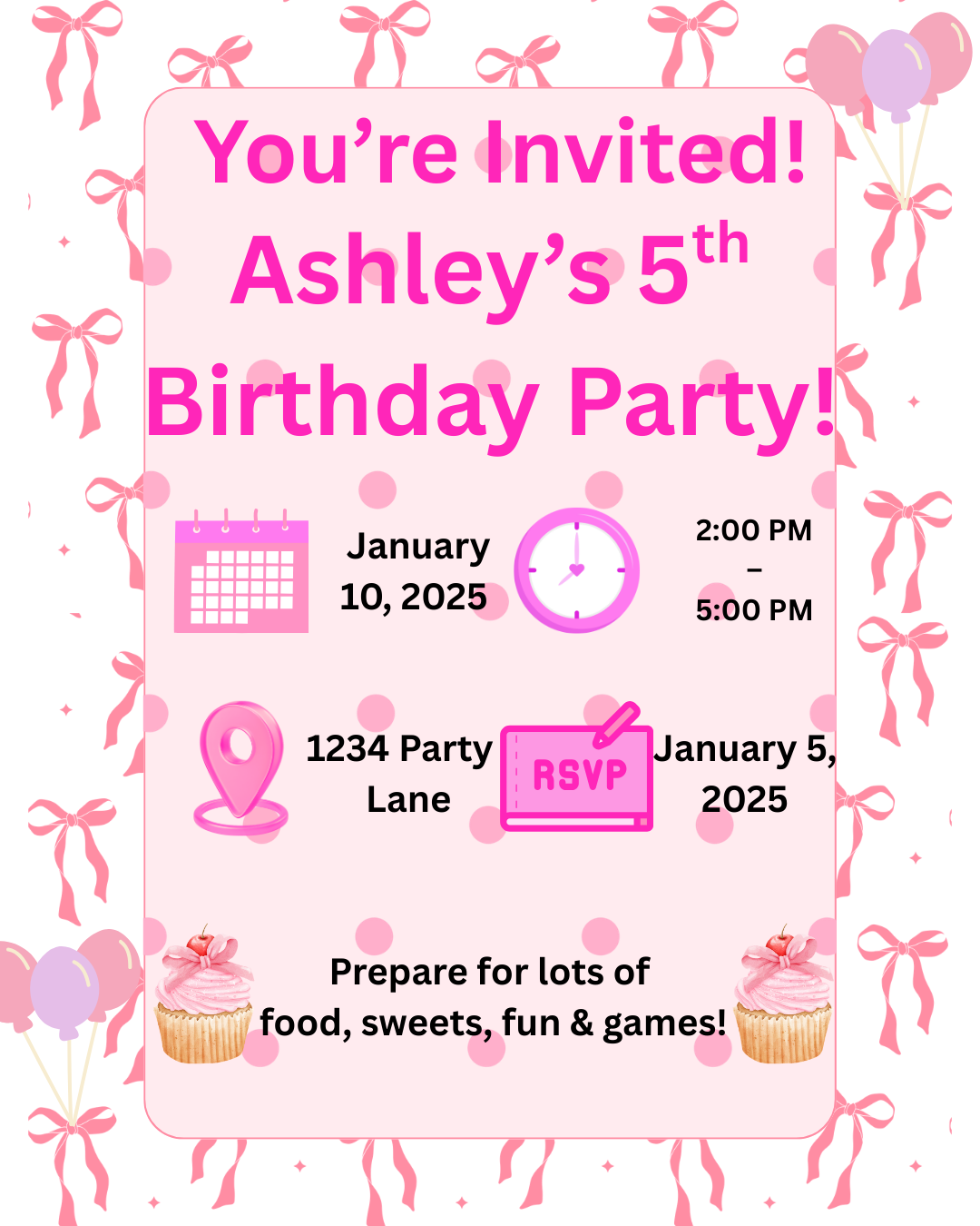 Custom pink 5th birthday party digital invitation design