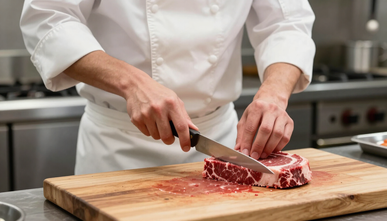 Chef preparando carne com técnica francesa