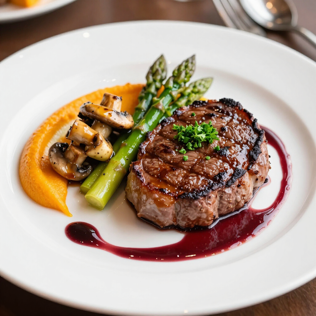 Bife grelhado com aspargos, cogumelos e purê de laranja em um prato branco com um fio de molho vermelho.